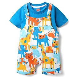 Babyhug Single Jersey Knit Half Sleeves T-Shirt & Dungaree With Animal Print - Yellow & Blue