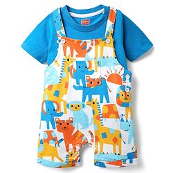 Babyhug Single Jersey Knit Half Sleeves T-Shirt & Dungaree With Animal Print - Yellow & Blue