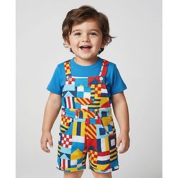 Babyhug Single Jersey Knit Printed Dungaree & Half Sleeves T-Shirt - Blue