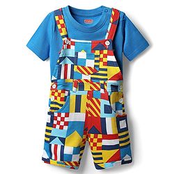 Babyhug Single Jersey Knit Printed Dungaree & Half Sleeves T-Shirt - Blue