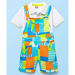 Babyhug Single Jersey Knit Half Sleeves Polo T-Shirt & Dungaree With  Nautical Print - White