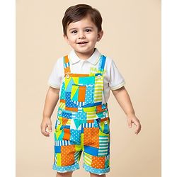 Babyhug Single Jersey Knit Half Sleeves Polo T-Shirt & Dungaree With  Nautical Print - White