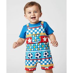 Babyhug Single Jersey Knit Printed Dungaree & Half Sleeves T-Shirt - Blue