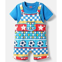 Babyhug Single Jersey Knit Printed Dungaree & Half Sleeves T-Shirt - Blue