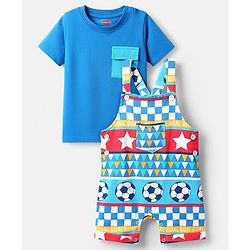 Babyhug Single Jersey Knit Printed Dungaree & Half Sleeves T-Shirt - Blue