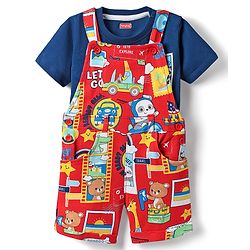 Babyhug Single Jersey Knit Dungaree & Half Sleeves T-Shirt With Animal Print - Red & Blue