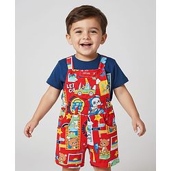 Babyhug Single Jersey Knit Dungaree & Half Sleeves T-Shirt With Animal Print - Red & Blue