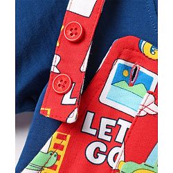 Babyhug Single Jersey Knit Dungaree & Half Sleeves T-Shirt With Animal Print - Red & Blue