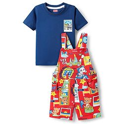 Babyhug Single Jersey Knit Dungaree & Half Sleeves T-Shirt With Animal Print - Red & Blue