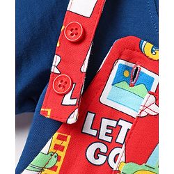 Babyhug Single Jersey Knit Dungaree & Half Sleeves T-Shirt With Animal Print - Red & Blue