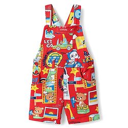 Babyhug Single Jersey Knit Dungaree & Half Sleeves T-Shirt With Animal Print - Red & Blue