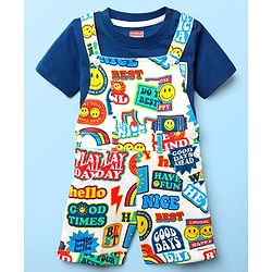 Babyhug Single Jersey Knit Half Sleeves T-Shirt & Dungaree With Text & Smiley Print -  White & Blue