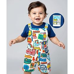 Babyhug Single Jersey Knit Half Sleeves T-Shirt & Dungaree With Text & Smiley Print -  White & Blue