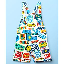 Babyhug Single Jersey Knit Half Sleeves T-Shirt & Dungaree With Text & Smiley Print -  White & Blue