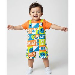 Babyhug Single Jersey Knit Half Sleeves T-Shirt & Dungaree With Text & Smiley Print -  Orange