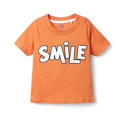 Babyhug Single Jersey Knit Half Sleeves T-Shirt & Dungaree With Text & Smiley Print -  Orange
