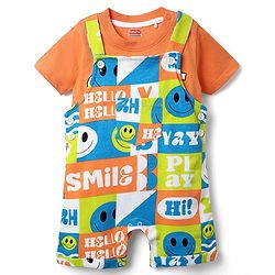 Babyhug Single Jersey Knit Half Sleeves T-Shirt & Dungaree With Text & Smiley Print -  Orange