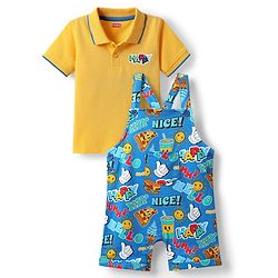 Babyhug Single Jersey Knit Half Sleeves Polo T-Shirt & Dungaree with Nice Text Print - Yellow & Blue