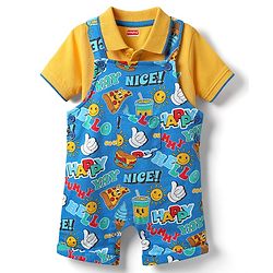 Babyhug Single Jersey Knit Half Sleeves Polo T-Shirt & Dungaree with Nice Text Print - Yellow & Blue