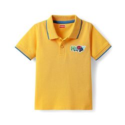 Babyhug Single Jersey Knit Half Sleeves Polo T-Shirt & Dungaree with Nice Text Print - Yellow & Blue