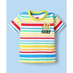 Babyhug 100% Cotton Single Jersey Knit Half Sleeves Striped T-Shirt & Shorts Set with Text Print - Navy Blue