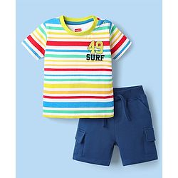 Babyhug Single Jersey Knit Half Sleeves Striped T-Shirt & Shorts Set with Text Print - Navy Blue