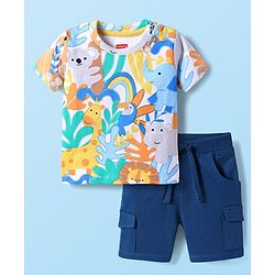 Babyhug Single Jersey Knit Half Sleeves T-Shirt & Shorts with Animal - Navy Blue & Yellow