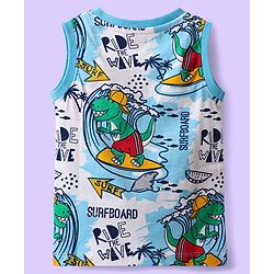 Babyhug Single Jersey Knit Sleeveless Tank T-Shirt & Shorts Set With Surfing Dino Print - White & Red