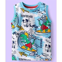 Babyhug Single Jersey Knit Sleeveless Tank T-Shirt & Shorts Set With Surfing Dino Print - White & Red