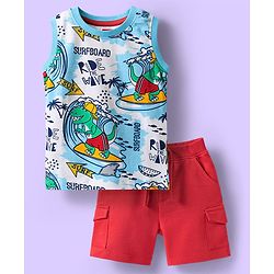 Babyhug Single Jersey Knit Sleeveless Tank T-Shirt & Shorts Set With Surfing Dino Print - White & Red
