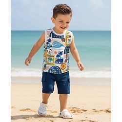Babyhug Single Jersey Knit Sleeveless Tank T-Shirt & Shorts Set With Beach Theme Print - White & Blue