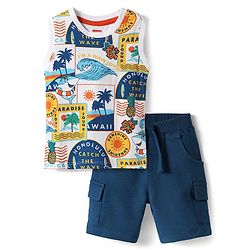 Babyhug Single Jersey Knit Sleeveless Tank T-Shirt & Shorts Set With Beach Theme Print - White & Blue