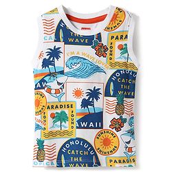 Babyhug Single Jersey Knit Sleeveless Tank T-Shirt & Shorts Set With Beach Theme Print - White & Blue