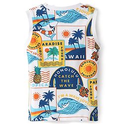 Babyhug Single Jersey Knit Sleeveless Tank T-Shirt & Shorts Set With Beach Theme Print - White & Blue