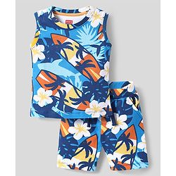 Babyhug Single Jersey Knit Sleeveless Tank T-Shirt & Shorts Co-Ord Set With Beach Theme & Floral Print - Blue