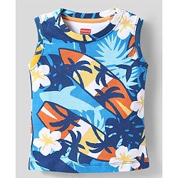 Babyhug Single Jersey Knit Sleeveless Tank T-Shirt & Shorts Co-Ord Set With Beach Theme & Floral Print - Blue