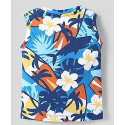 Babyhug Single Jersey Knit Sleeveless Tank T-Shirt & Shorts Co-Ord Set With Beach Theme & Floral Print - Blue