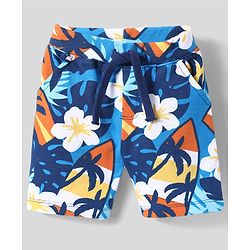 Babyhug Single Jersey Knit Sleeveless Tank T-Shirt & Shorts Co-Ord Set With Beach Theme & Floral Print - Blue