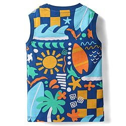 Babyhug Single Jersey Knit Sleeveless Tank T-Shirt & Shorts Set With Beach Theme Print - Blue & Yellow