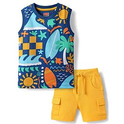Babyhug Single Jersey Knit Sleeveless Tank T-Shirt & Shorts Set With Beach Theme Print - Blue & Yellow