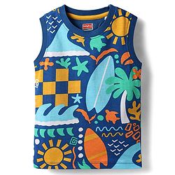 Babyhug Single Jersey Knit Sleeveless Tank T-Shirt & Shorts Set With Beach Theme Print - Blue & Yellow
