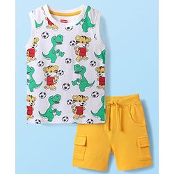 Babyhug Single Jersey Knit Sleeveless Tank T-Shirt & Shorts Set With Animal Print - White & Yellow