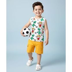 Babyhug Single Jersey Knit Sleeveless Tank T-Shirt & Shorts Set With Animal Print - White & Yellow