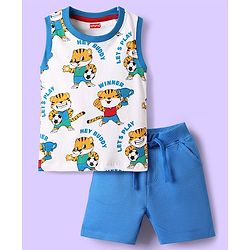 Babyhug Single Jersey Knit Sleeveless Tank T-Shirt & Shorts Set with Tiger Print - Blue