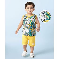 Babyhug Single Jersey Knit Sleeveless Tank T-Shirt & Shorts Set with Jungle Print - Yellow
