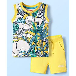 Babyhug Single Jersey Knit Sleeveless Tank T-Shirt & Shorts Set with Jungle Print - Yellow