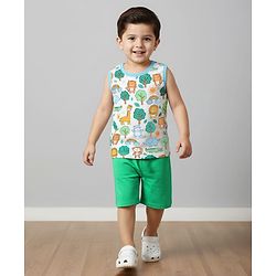 Babyhug Single Jersey Knit Sleeveless Tank T-Shirt & Shorts Set With Animal Print - White & Green