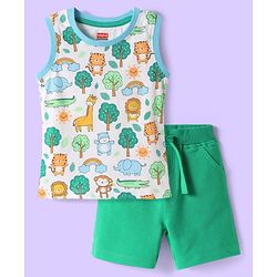 Babyhug Single Jersey Knit Sleeveless Tank T-Shirt & Shorts Set With Animal Print - White & Green