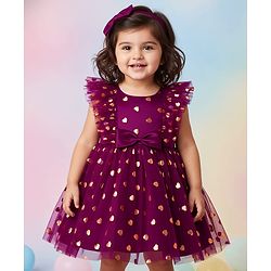 Babyhug Woven Frill Sleeves Fit & Flare Mesh Party Dress with Glitter Print & Bow Applique - Purple