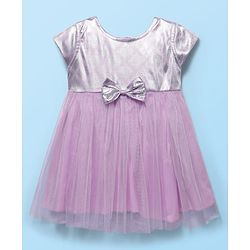 Babyhug Woven Cap Sleeves Mesh Dress with Bow Applique & Foil Print - Lavender